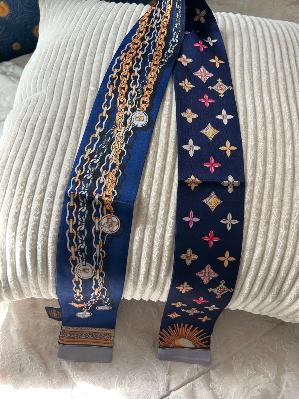 Silk Feeling Polyester Double Sided Navy Chain & Monogram Print Twilly Scarf